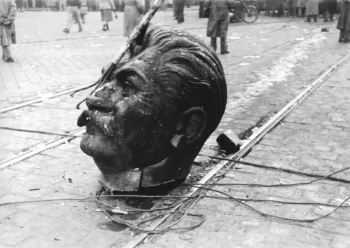 Head of a toppled Stalin statue in Budapest, 1956