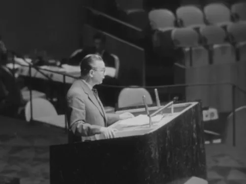Polish Foreign Minister Adam Rapacki speaks before the United Nations General Assembly on October 2, 1957. 