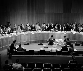 The Atomic Energy Commission of the United Nations meets on June 14, 1946.