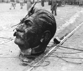 Head of a toppled Stalin statue in Budapest, 1956